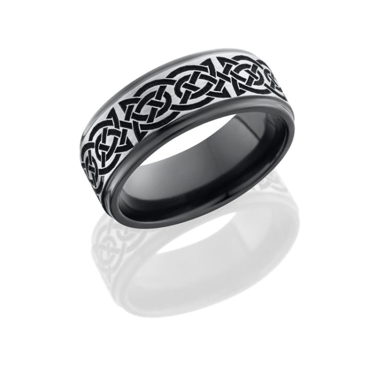 Lashbrook Zirconium 8Mm Flat Band With Grooved Edges With Laser Carved Celtic 10 Pattern Z8Fge/Blcvc