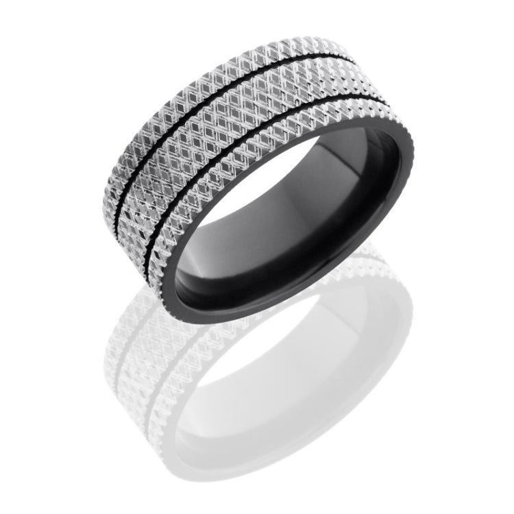 Lashbrook Zirconium 9Mm Flat Band With Two .5Mm Grooves And Knurl Pattern Z9F/2.5Knurl