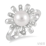 1/10 ctw Floral 7MM Round Pearl & Round Cut Diamond Ring in 10K White Gold