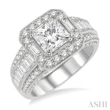 1 5/8 ctw Cushion Shape Center Baguette and Round Cut Diamond Semi-Mount Engagement Ring in 14K White Gold
