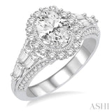7/8 Ctw Oval Shape Baguette and Round Cut Diamond Semi-Mount Engagement Ring in 14K White Gold