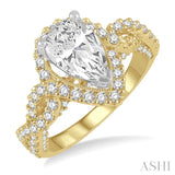 3/4 ctw Crisscross Shank Pear Semi-Mount Round Cut Diamond Engagement Ring in 14K Yellow and White Gold