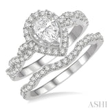 1 Ctw Diamond Wedding Set With 3/4 ctw Round & Pear Cut Engagement Ring and 1/5 ctw Curvy Wedding Band in 14K White Gold