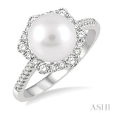 8X8MM Pearl and 1/3 Ctw Hexagon Shape Round Cut Diamond Ring in 14K White Gold